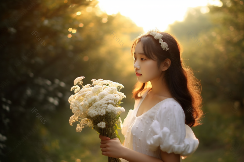 夕阳下拿着一束白色鲜花的少女,高清,摄影图,摄影图片,图片大全,摄影图免费下载